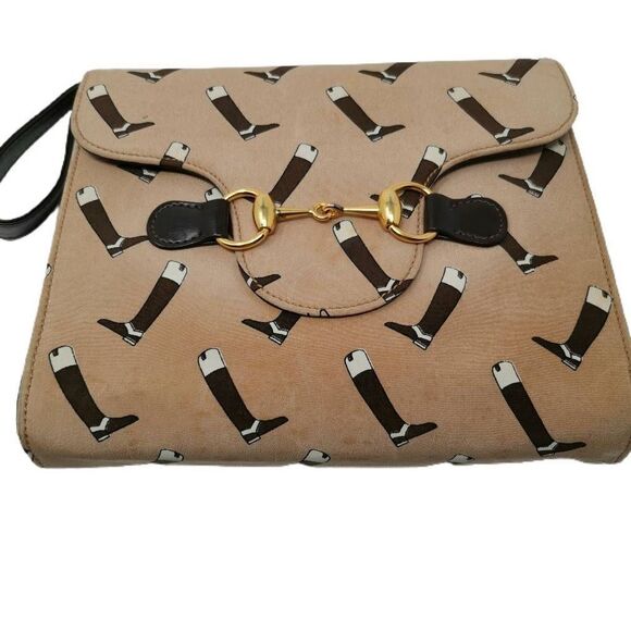 Rare Vintage Gucci Collector Tan Silk Clutch | Exclusive Equestrian Horse Bit Bo - Picture 5 of 8